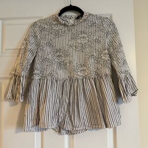 Zara Sheer Striped Floral Lace Embroidered Top Ruffle Collar Bell Sleeves XS
